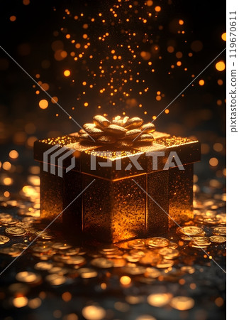 Gold coins encircling a gift box on a 3D podium, glowing under a yellow light, perfect for cash back offers and coupon code promotions. Gold coins encircling a gift box on a 3D podium, glowing under a yellow light, perfect for cash back offers and coupon code promotions. 119670611