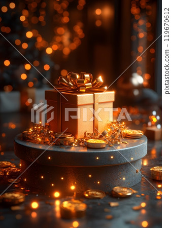 Gold coins encircling a gift box on a 3D podium, glowing under a yellow light, perfect for cash back offers and coupon code promotions. 119670612