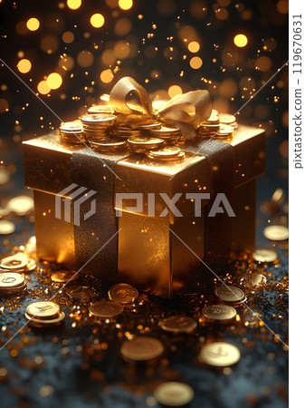 Gift box atop a podium with gold coins, illuminated by a golden yellow light, designed for cash back and coupon code promotional templates. 119670631