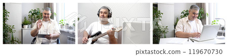 Man in different poses at home. Talking on video call, playing guitar, working on computer. Man in different poses at home. Talking on video call, playing guitar, working on computer. 119670730
