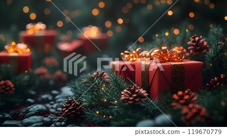 Christmas-themed vector layout showcasing 3D red presents, glowing garland, and detailed green foliage, perfect for creating a festive seasonal atmosphere. 119670779