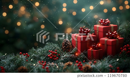 Christmas-themed vector layout showcasing 3D red presents, glowing garland, and detailed green foliage, perfect for creating a festive seasonal atmosphere. 119670780