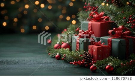 Elegant holiday design featuring 3D decorative elements like red presents, illuminated garland, and evergreen branches, perfect for a Christmas-themed vector illustration. Elegant holiday design featuring 3D decorative elements like red presents, illuminated garland, and evergreen branches, perfect for a Christmas-themed vector illustration. 119670788
