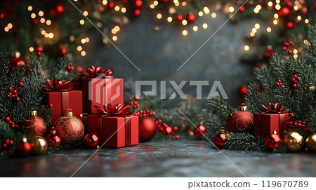 Elegant holiday design featuring 3D decorative elements like red presents, illuminated garland, and evergreen branches, perfect for a Christmas-themed vector illustration. 119670789
