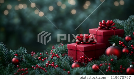 Stylish Xmas vector layout showcasing 3D red gift boxes, glowing garland, and detailed green foliage, ideal for a festive and elegant holiday design. 119670797