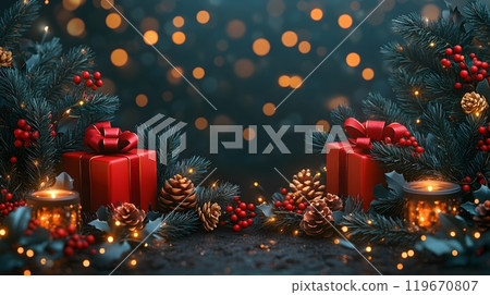 Elegant Christmas vector illustration with 3D decorative elements like red presents, glowing garland, and evergreen branches arranged in a stylish holiday design. 119670807