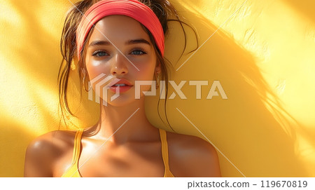 Beautiful young woman posing on yellow background, for product presentation or makeup, focus on face. 119670819