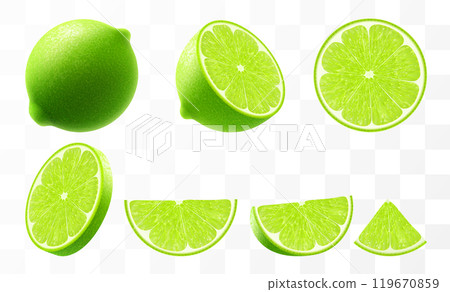 Green ripe lime set. Whole, half and slice citrus fruit isolated on transparent background. Tropical plant, exude freshness, promising a tangy flavor in every piece. Realistic 3d vector illustration. 119670859