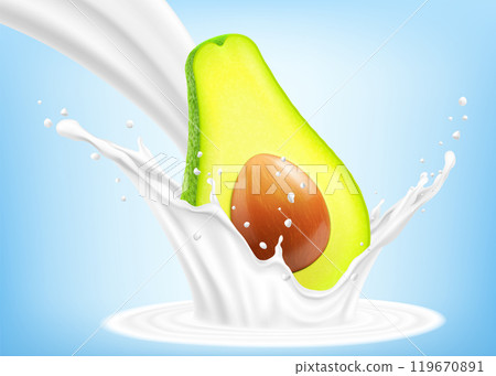 Fresh ripe avocado falls into a splash of yogurt or milk, cocktail splash with drops, Milkshake splash with green juicy avocado fruit. Realistic 3d vector illustration Fresh ripe avocado falls into a splash of yogurt or milk, cocktail splash with drops, Milkshake splash with green juicy avocado fruit. Realistic 3d vector illustration 119670891
