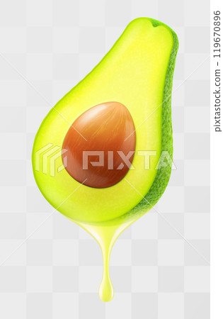 Half of fresh avocado with oil drop isolated on transparent background. Green avocado for healthy eating. Realistic 3d vector illustration. Half of fresh avocado with oil drop isolated on transparent background. Green avocado for healthy eating. Realistic 3d vector illustration. 119670896