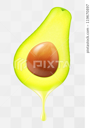 Drop of oily liquid flowing from a half of avocado isolated on a transparent background. Green avocado for healthy eating. Realistic 3d vector illustration. Drop of oily liquid flowing from a half of avocado isolated on a transparent background. Green avocado for healthy eating. Realistic 3d vector illustration. 119670897
