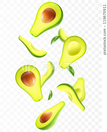 Flying ripe fresh avocado. Bright advertising background falling juicy fruit avocado. Realistic illustration with blurred effect. 3d vector design for advertising banners and web page design 119670911