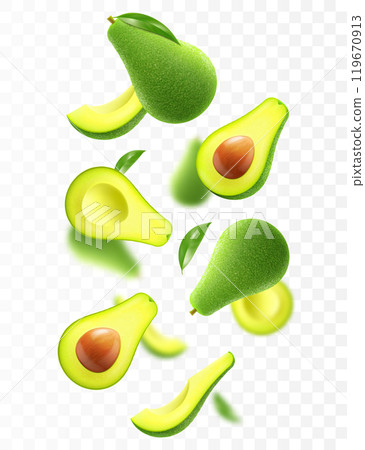 Flying ripe fresh avocado. Bright advertising background falling juicy fruit avocado. Realistic illustration with blurred effect. 3d vector design for advertising banners and web page design Flying ripe fresh avocado. Bright advertising background falling juicy fruit avocado. Realistic illustration with blurred effect. 3d vector design for advertising banners and web page design 119670913