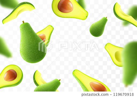 Flying ripe fresh avocado. Bright advertising background falling juicy fruit avocado. Realistic illustration with blurred effect. 3d vector design for advertising banners and web page design Flying ripe fresh avocado. Bright advertising background falling juicy fruit avocado. Realistic illustration with blurred effect. 3d vector design for advertising banners and web page design 119670918