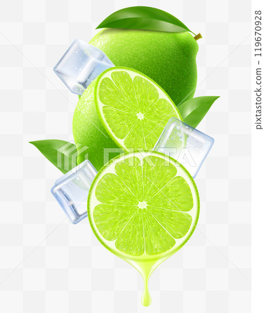 Green ripe raw lime and ice cubes with leaves in swirl motion. Composition of whole fresh lime, half and slices of lime fruits, 3D realistic vector illustration isolated on transparent background. 119670928