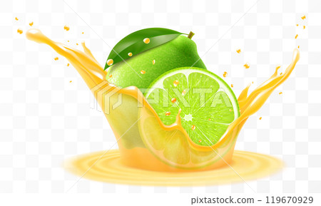Lime juice. Fresh ripe lime falls into a splash of juice, isolated on transparent background. Realistic 3d vector illustration. Summer vitamin food and drink. Lime smoothie splash, vitamin cocktail 119670929
