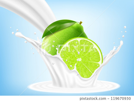 Fresh ripe lime falls into a splash of yogurt or milk, cocktail splash with drops, Milkshake splash with sweet juicy citrus fruit. Realistic 3d vector illustration 119670930