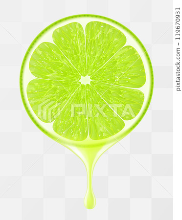 Lime juice dripping from fresh ripe lime, isolated on transparent background. Green ripe lime with fresh juice. Bright summer tropical design. Realistic 3d vector illustration 119670931