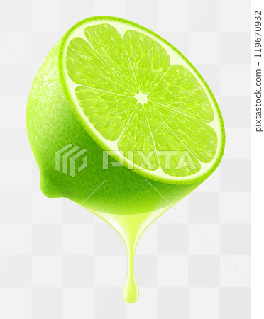 Lime juice dripping from fresh ripe lime, isolated on transparent background. Green ripe lime with fresh juice. Bright summer tropical design. Realistic 3d vector illustration 119670932