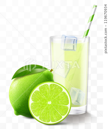 A glass of fresh mojito or lemonade with ice cubes and a straw. juice or smoothie with lime fruits isolated on transparent background. Realistic 3d vector illustration. A glass of fresh mojito or lemonade with ice cubes and a straw. juice or smoothie with lime fruits isolated on transparent background. Realistic 3d vector illustration. 119670934