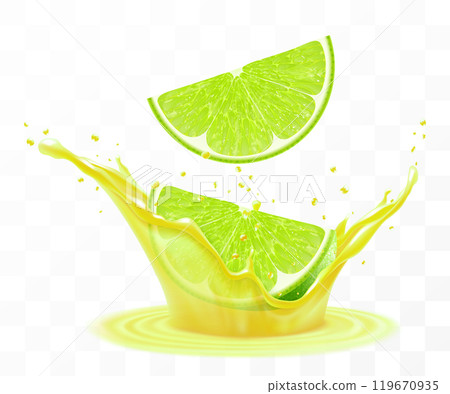 Fresh ripe lime slices falls into a splash of juice, isolated on transparent background. Realistic 3d vector illustration. Summer vitamin food and drink. Lime smoothie splash, vitamin cocktail Fresh ripe lime slices falls into a splash of juice, isolated on transparent background. Realistic 3d vector illustration. Summer vitamin food and drink. Lime smoothie splash, vitamin cocktail 119670935