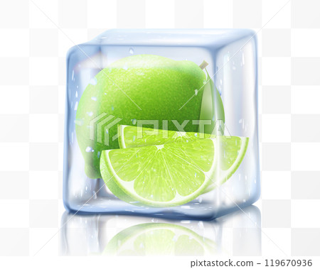 Green fresh lime in ice cube isolated on transparent background. Frozen ripe juicy lime, realistic 3d vector illustration. Bright tropical summer design 119670936