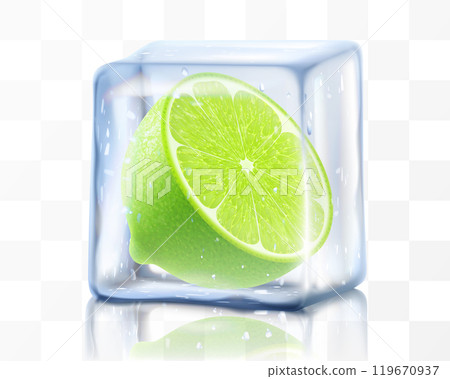 Green fresh slice of lime in ice cube isolated on transparent background. Frozen ripe juicy lime fruit, realistic 3d vector illustration. Bright tropical summer design Green fresh slice of lime in ice cube isolated on transparent background. Frozen ripe juicy lime fruit, realistic 3d vector illustration. Bright tropical summer design 119670937