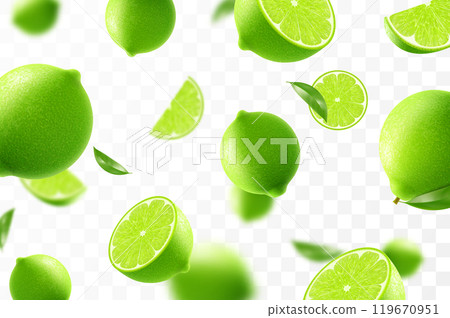 Flying ripe lime. Bright advertising background falling juicy green lime, realistic illustration with blurred effect. 3d vector design for advertising banners and web page design 119670951