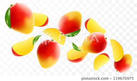 Flying ripe mango. Bright advertising background falling juicy fruit mango, realistic illustration with blurred effect. 3d vector design for advertising banners and web page design Flying ripe mango. Bright advertising background falling juicy fruit mango, realistic illustration with blurred effect. 3d vector design for advertising banners and web page design 119670975