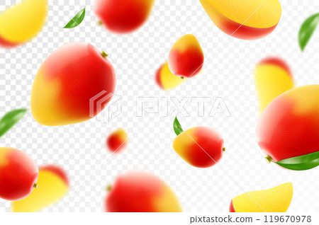 Flying ripe mango. Bright advertising background falling juicy fruit mango, realistic illustration with blurred effect. 3d vector design for advertising banners and web page design Flying ripe mango. Bright advertising background falling juicy fruit mango, realistic illustration with blurred effect. 3d vector design for advertising banners and web page design 119670978