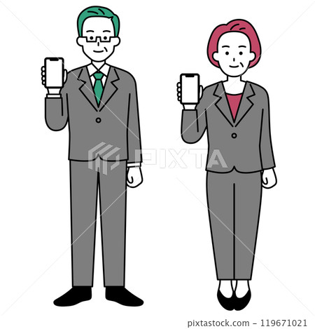一組穿著西裝的中年男女展示智慧型手機螢幕（全身） 119671021