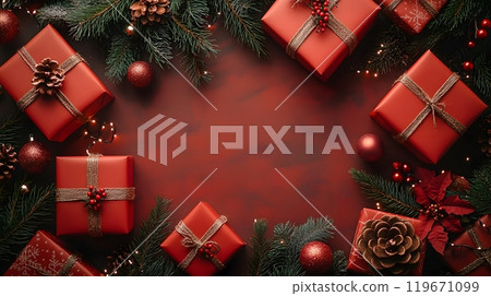 Cheerful Xmas composition featuring 3D red gift boxes, twinkling garland, and green tree branches, arranged in a festive and vibrant flat lay. 119671099