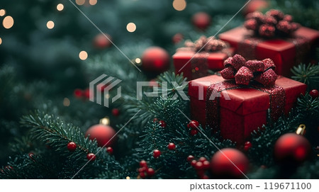 Cheerful Xmas composition featuring 3D red gift boxes, twinkling garland, and green tree branches, arranged in a festive and vibrant flat lay. 119671100