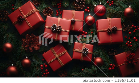 Cheerful Xmas composition featuring 3D red gift boxes, twinkling garland, and green tree branches, arranged in a festive and vibrant flat lay. 119671101