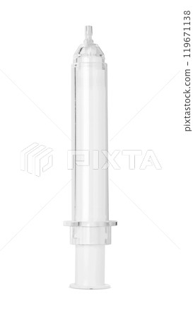 Clear plastic syringe without a needle, isolated on a white background. 119671138