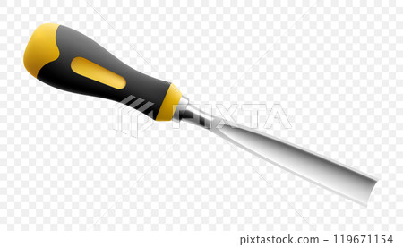 Chisel, carpentry hand tools for woodworking and wood carving. Stand for working with wood. Chisel with wooden handle isolated on transparent background. Realistic 3d Vector illustration. Chisel, carpentry hand tools for woodworking and wood carving. Stand for working with wood. Chisel with wooden handle isolated on transparent background. Realistic 3d Vector illustration. 119671154