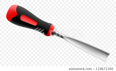 Chisel, carpentry hand tools for woodworking and wood carving. Stand for working with wood. Chisel with wooden handle isolated on transparent background. Realistic 3d Vector illustration. 119671160