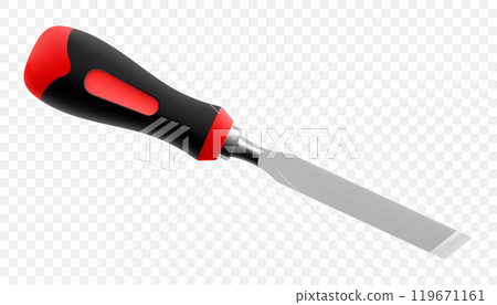 Chisel, carpentry hand tools for woodworking and wood carving. Stand for working with wood. Chisel with wooden handle isolated on transparent background. Realistic 3d Vector illustration. Chisel, carpentry hand tools for woodworking and wood carving. Stand for working with wood. Chisel with wooden handle isolated on transparent background. Realistic 3d Vector illustration. 119671161