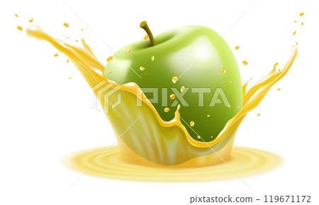 Ripe juicy green apple falls into splash of fresh apple juice. Transparent splash and drops, Refreshing splash of juice with an apple, realistic 3d vector illustration Ripe juicy green apple falls into splash of fresh apple juice. Transparent splash and drops, Refreshing splash of juice with an apple, realistic 3d vector illustration 119671172