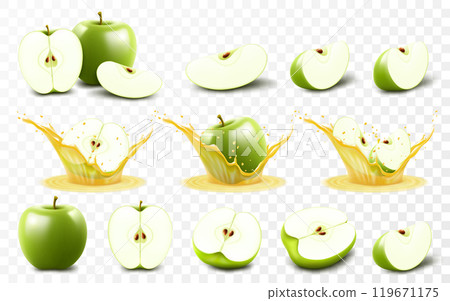 Set of green apple isolated on transparent background. Whole, half and slices of green apple, apple in a splash of juice with drops. Summer harvest. Natural product. Realistic 3d vector illustration Set of green apple isolated on transparent background. Whole, half and slices of green apple, apple in a splash of juice with drops. Summer harvest. Natural product. Realistic 3d vector illustration 119671175