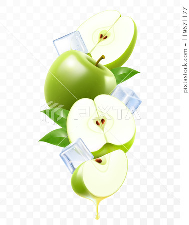 Ripe green apple and ice cubes. Composition of fresh apples with leaves, whole apple, half and slices of apple, 3D realistic vector illustration isolated on transparent background. Ripe green apple and ice cubes. Composition of fresh apples with leaves, whole apple, half and slices of apple, 3D realistic vector illustration isolated on transparent background. 119671177
