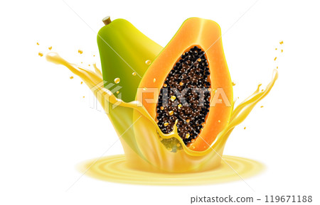 Natural fresh papaya in a splash of juice with drops. Tropical Fruits Papaya From Indonesia, Refreshing splash of juice with an papaya, realistic 3d vector illustration 119671188