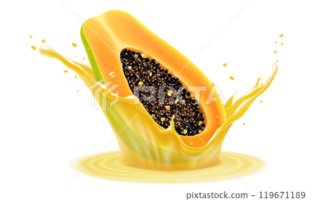 Natural fresh papaya in a splash of juice with drops. Tropical Fruits papaw half with seeds, Refreshing splash of juice with an papaya, realistic 3d vector illustration 119671189