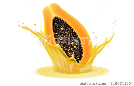 Natural fresh papaya in a splash of juice with drops. Tropical Fruits papaw half with seeds, Refreshing splash of juice with an papaya, realistic 3d vector illustration Natural fresh papaya in a splash of juice with drops. Tropical Fruits papaw half with seeds, Refreshing splash of juice with an papaya, realistic 3d vector illustration 119671190