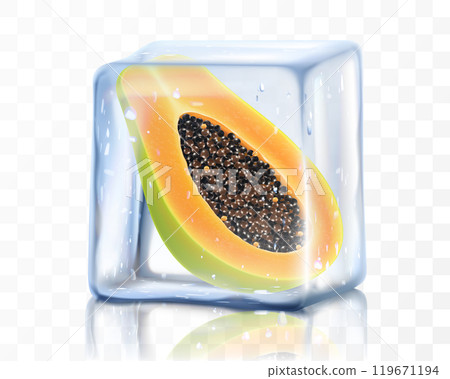 Slice of fresh ripe papaya in ice cube isolated on transparent background Frozen tropical fruit papaya. realistic 3d vector illustration. Bright summer design Slice of fresh ripe papaya in ice cube isolated on transparent background Frozen tropical fruit papaya. realistic 3d vector illustration. Bright summer design 119671194