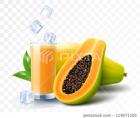 A glass of natural fresh papaya juice or smoothie with ice cubes. Cup of cocktail or yogurt with ripe papaya and ice cubes, isolated on transparent background. Realistic 3d vector illustration A glass of natural fresh papaya juice or smoothie with ice cubes. Cup of cocktail or yogurt with ripe papaya and ice cubes, isolated on transparent background. Realistic 3d vector illustration 119671200