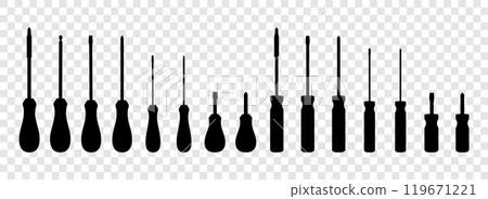 Set of screwdrivers isolated on transparent background. Flat head and Phillips, long and short screwdrivers. Tool for Home Repairs and Mechanical Work. Black silhouette icons, vector illustration. Set of screwdrivers isolated on transparent background. Flat head and Phillips, long and short screwdrivers. Tool for Home Repairs and Mechanical Work. Black silhouette icons, vector illustration. 119671221