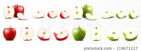 Set of red and green apples isolated on transparent background. Whole, half and slices of ripe juicy fruit. Summer harvest. Natural product. Realistic 3d vector illustration 119671227