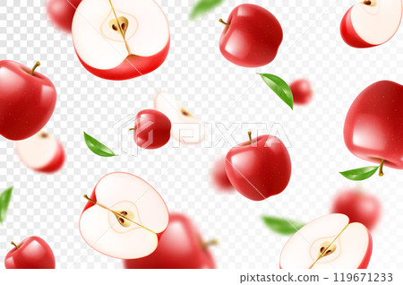 Flying red juicy apples. Bright advertising background falling red apples, realistic with blurred effect. 3d vector illustration 119671233