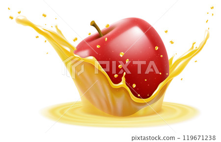 Natural fresh red apple in apple juice, transparent splash and drops, Juice splash with apple. realistic 3d vector illustration Natural fresh red apple in apple juice, transparent splash and drops, Juice splash with apple. realistic 3d vector illustration 119671238